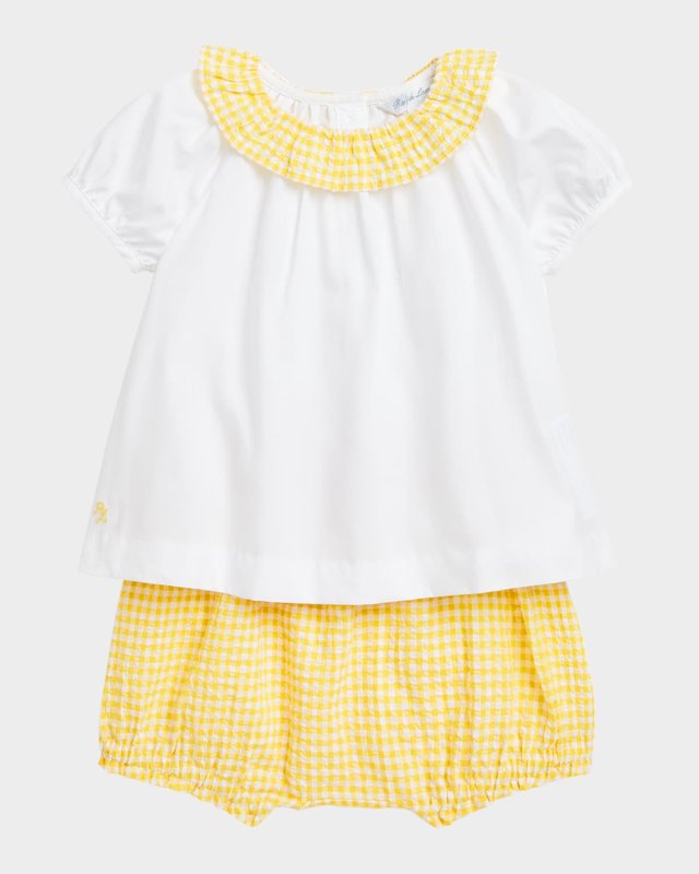 Girl's Gingham Seersucker Short Set, Size 3M-
